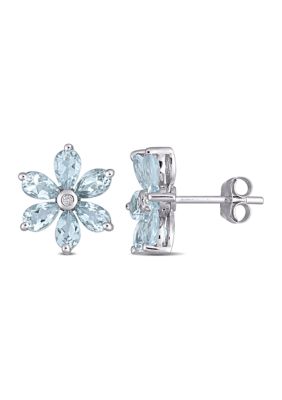 Belk & Co 2.16 ct. t.w. Aquamarine and Diamond Accent Floral Stud Earrings in 14k White Gold