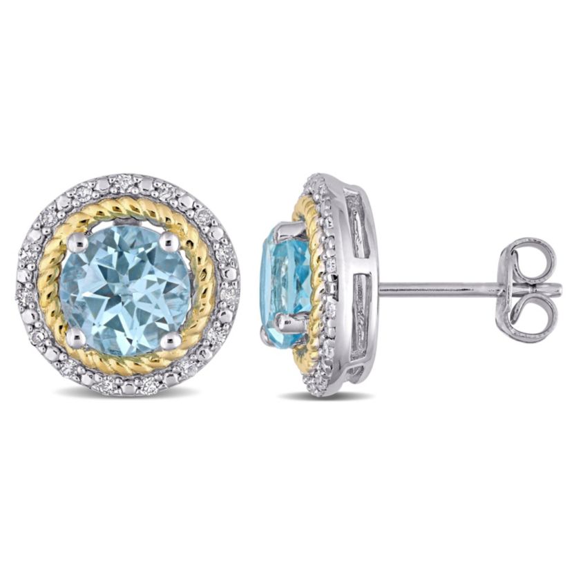 3.16 CT TGW Sky Blue Topaz and 1/6 CT TW Diamond Halo Stud Earrings in Yellow Plated Sterling Silver