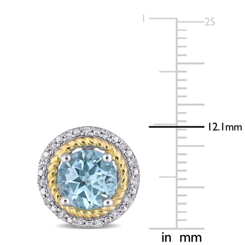 3.16 CT TGW Sky Blue Topaz and 1/6 CT TW Diamond Halo Stud Earrings in Yellow Plated Sterling Silver