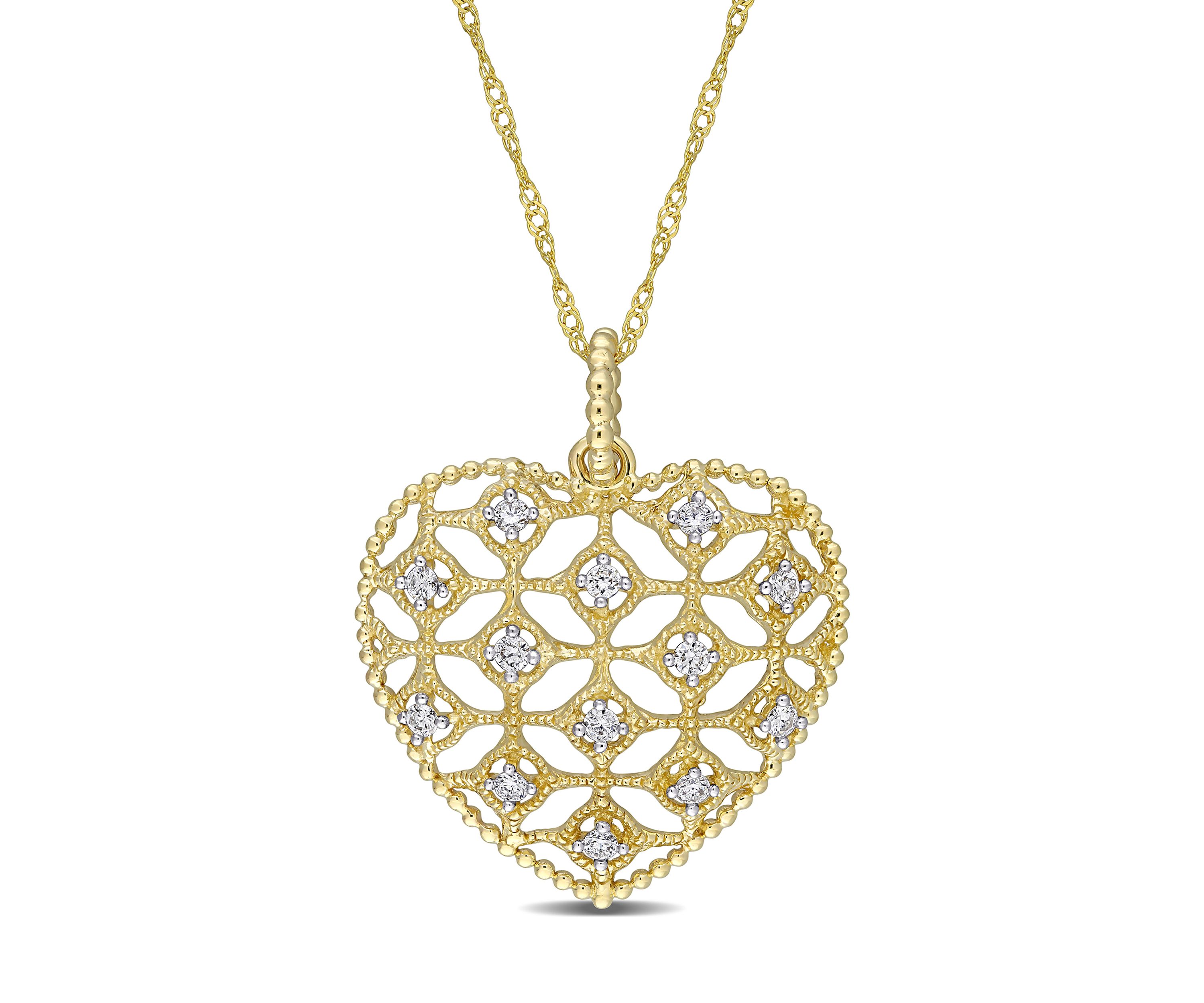 1/5 ct. t.w. Diamond Lace Heart Pendant with Chain in 14K Yellow Gold