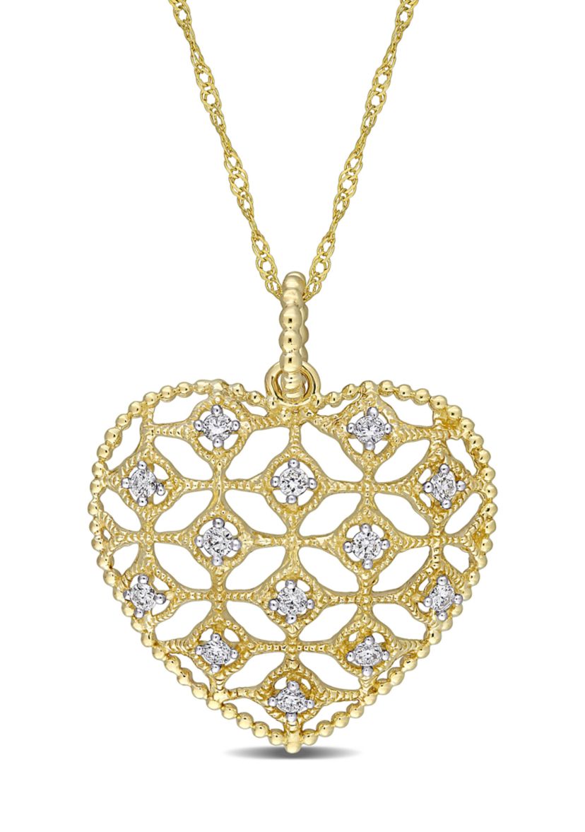 1/5 ct. t.w. Diamond Lace Heart Pendant with Chain in 14K Yellow Gold