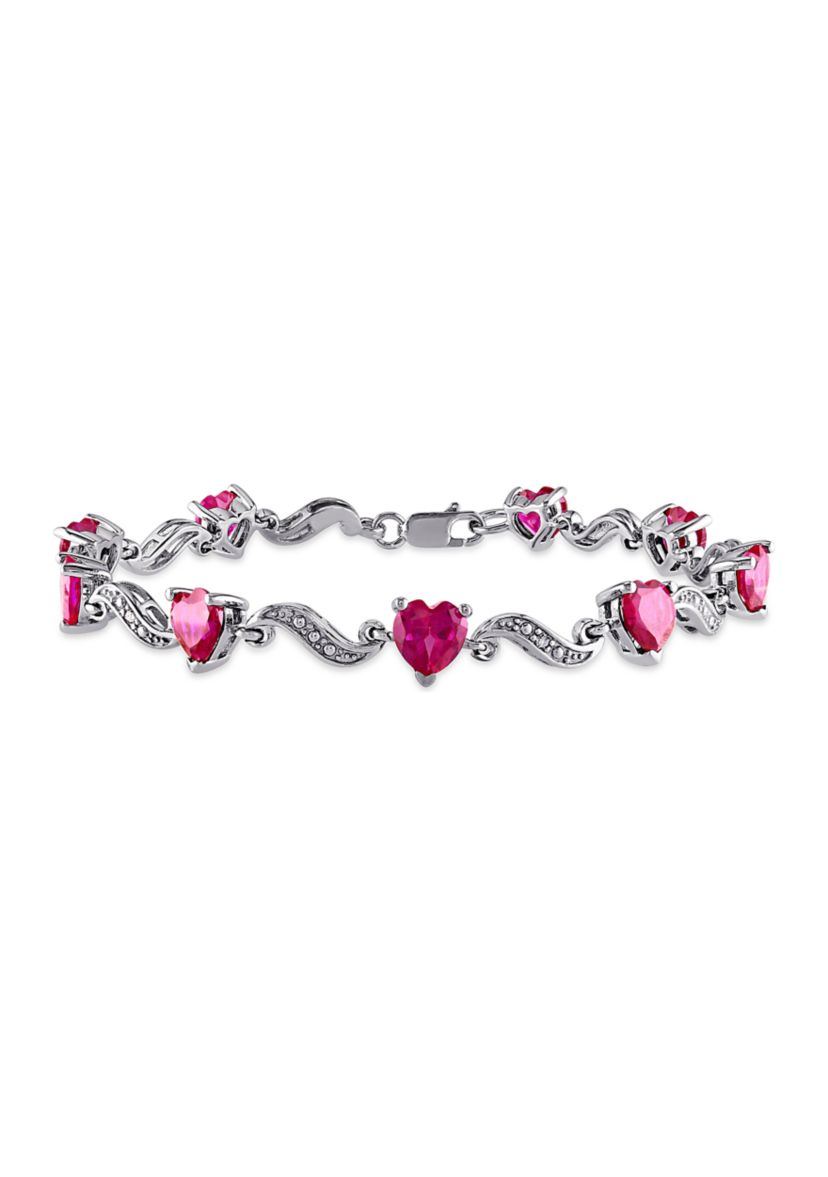 Lab Created 9.09 ct. t.g.w. Heart Shaped Created Ruby and Diamond Accent Bracelet in Sterling Silver