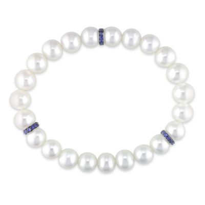 Belk & Co 10mm Freshwater Cultured Pearl and Blue Sapphire Elastic Bracelet in 14K White Gold