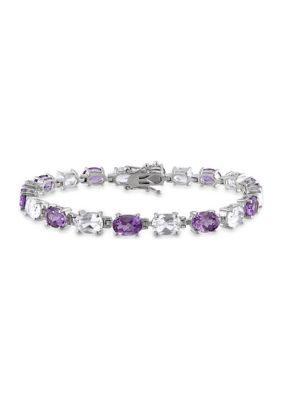 Belk & Co Lab Created 19.70 ct. t.g.w. Amethyst and White Sapphire Oval Link Bracelet in Sterling Silver