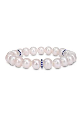 Belk & Co Lab Created 9-9.5 MM Cultured Freshwater Pearl and 2/5 CT TGW Blue Sapphire and Diamond Bracelet in Sterling Silver