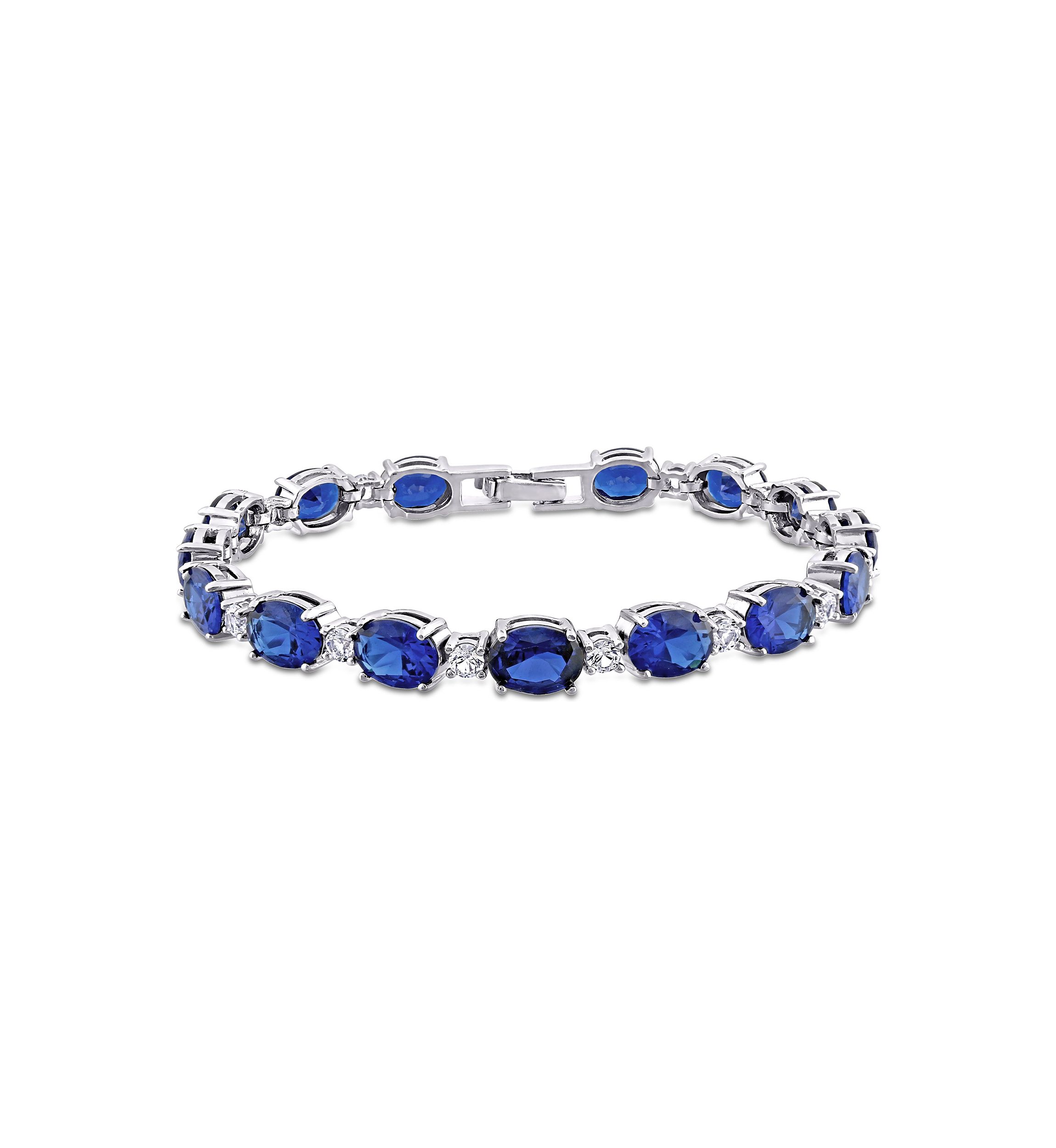 Lab Created 32 CT TGW Oval Created Blue and White Sapphire Bracelet in Sterling Silver
