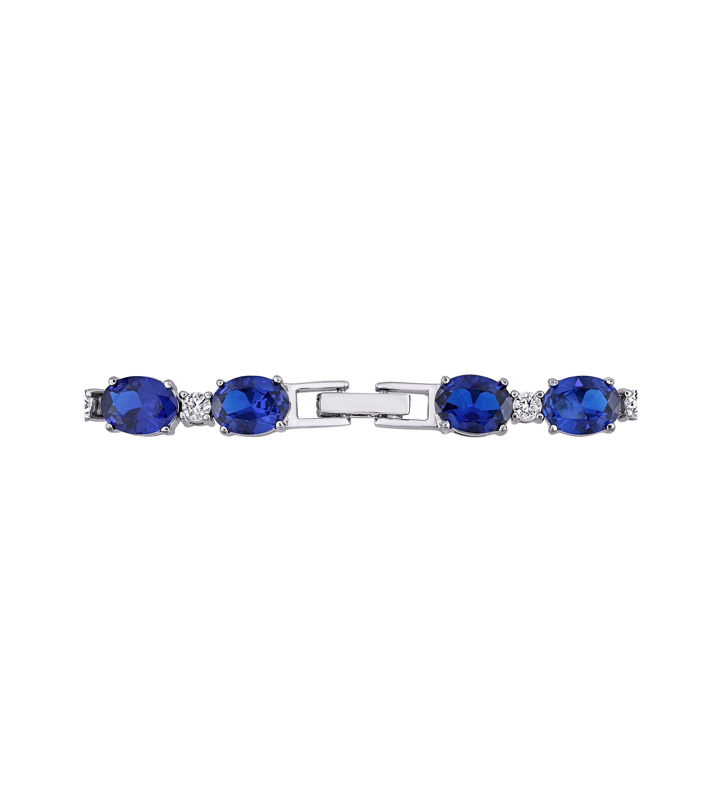 Lab Created 32 CT TGW Oval Created Blue and White Sapphire Bracelet in Sterling Silver
