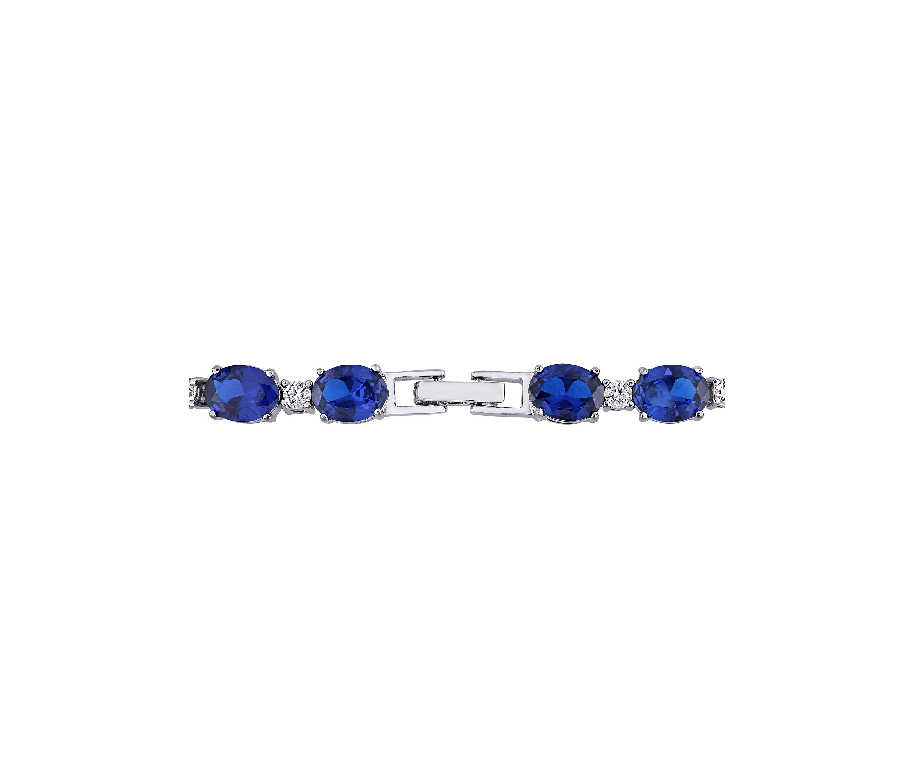 Lab Created 32 CT TGW Oval Created Blue and White Sapphire Bracelet in Sterling Silver