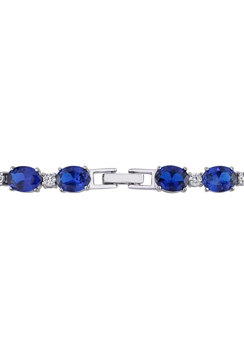 Lab Created 32 CT TGW Oval Created Blue and White Sapphire Bracelet in Sterling Silver