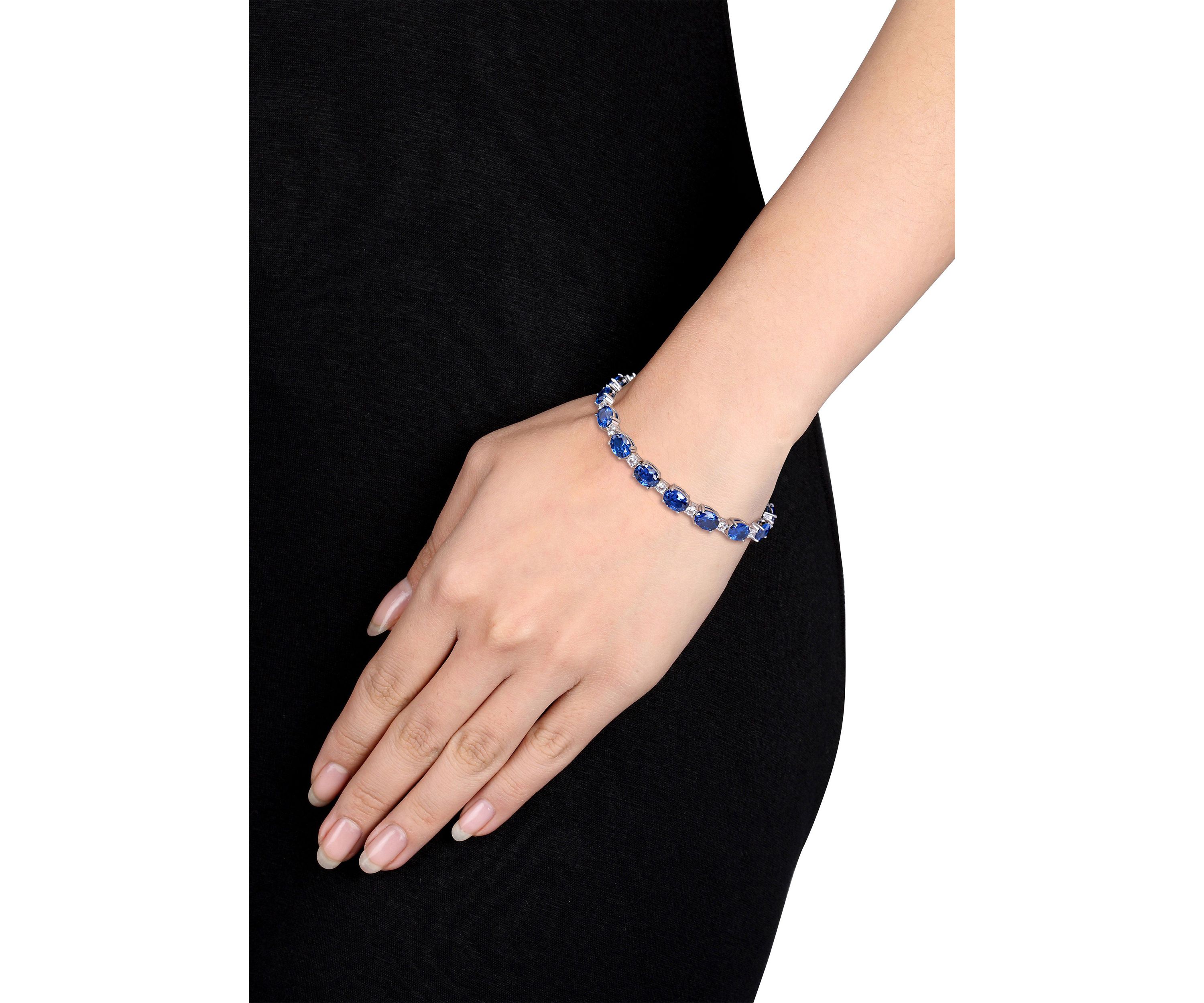 Lab Created 32 CT TGW Oval Created Blue and White Sapphire Bracelet in Sterling Silver