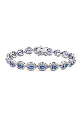Belk & Co Lab Created 9.50 ct. t.g.w. Blue and White Sapphire Teardrop Halo Tennis Bracelet in Plated Sterling Silver