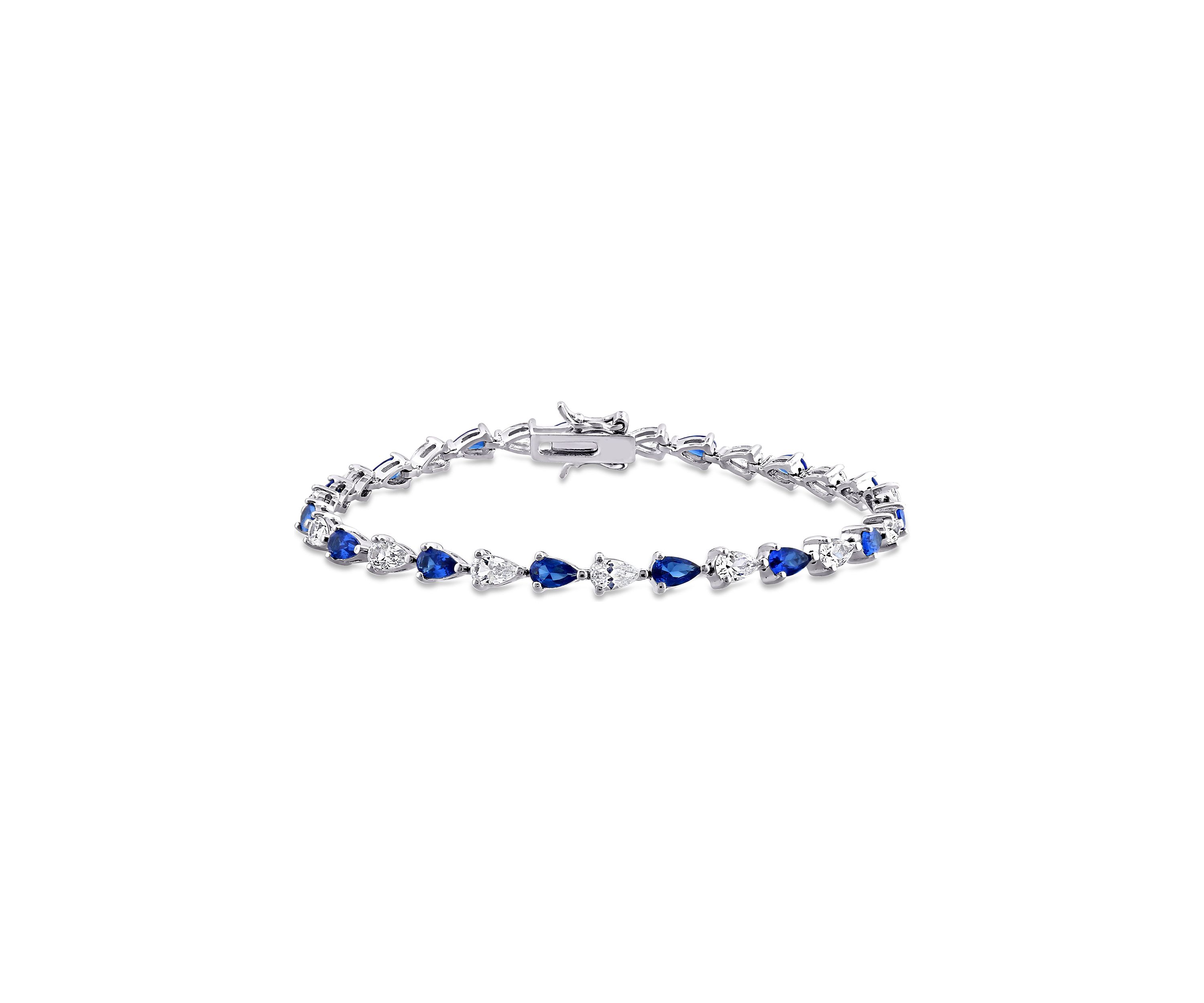 Lab Created 10.5 ct. t.g.w. Pear Shape Created Blue and White Sapphire Tennis Bracelet in Sterling Silver
