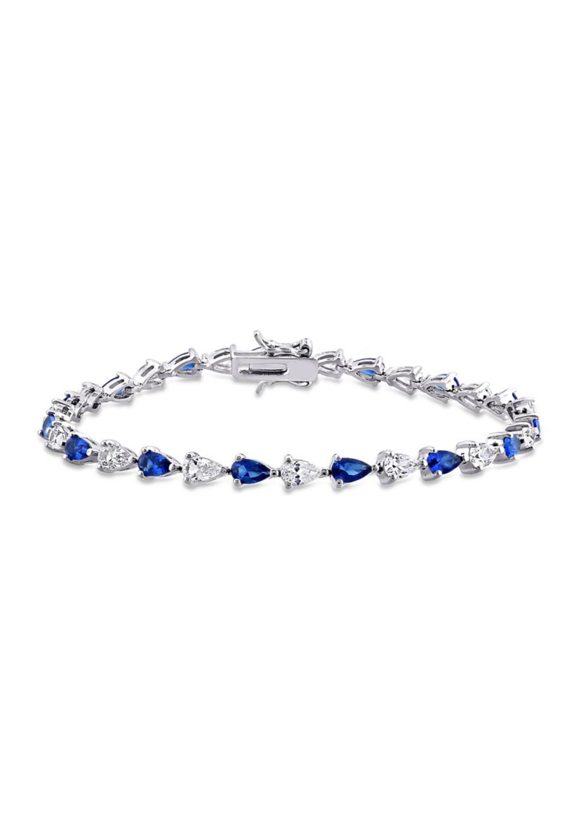 Lab Created 10.5 ct. t.g.w. Pear Shape Created Blue and White Sapphire Tennis Bracelet in Sterling Silver