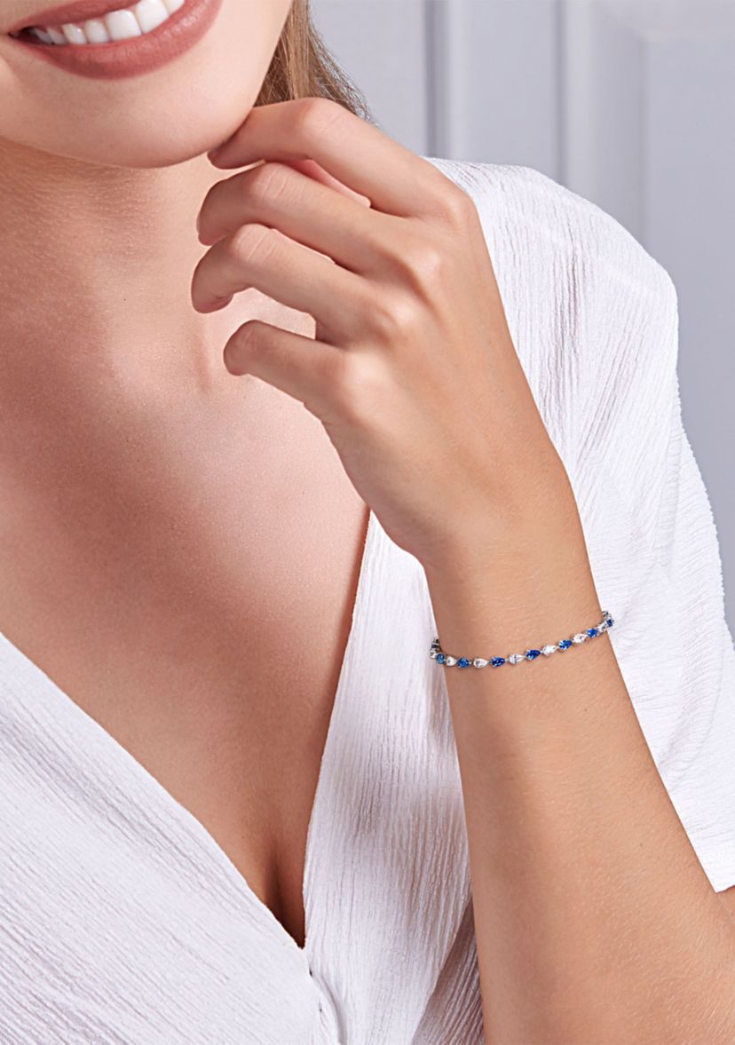 Lab Created 10.5 ct. t.g.w. Pear Shape Created Blue and White Sapphire Tennis Bracelet in Sterling Silver
