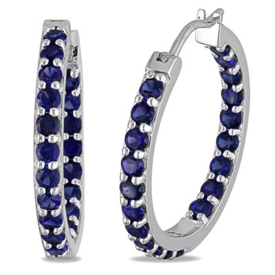 Belk & Co Lab Created Blue Sapphire Inside Outside Hoop Earrings in Sterling Silver