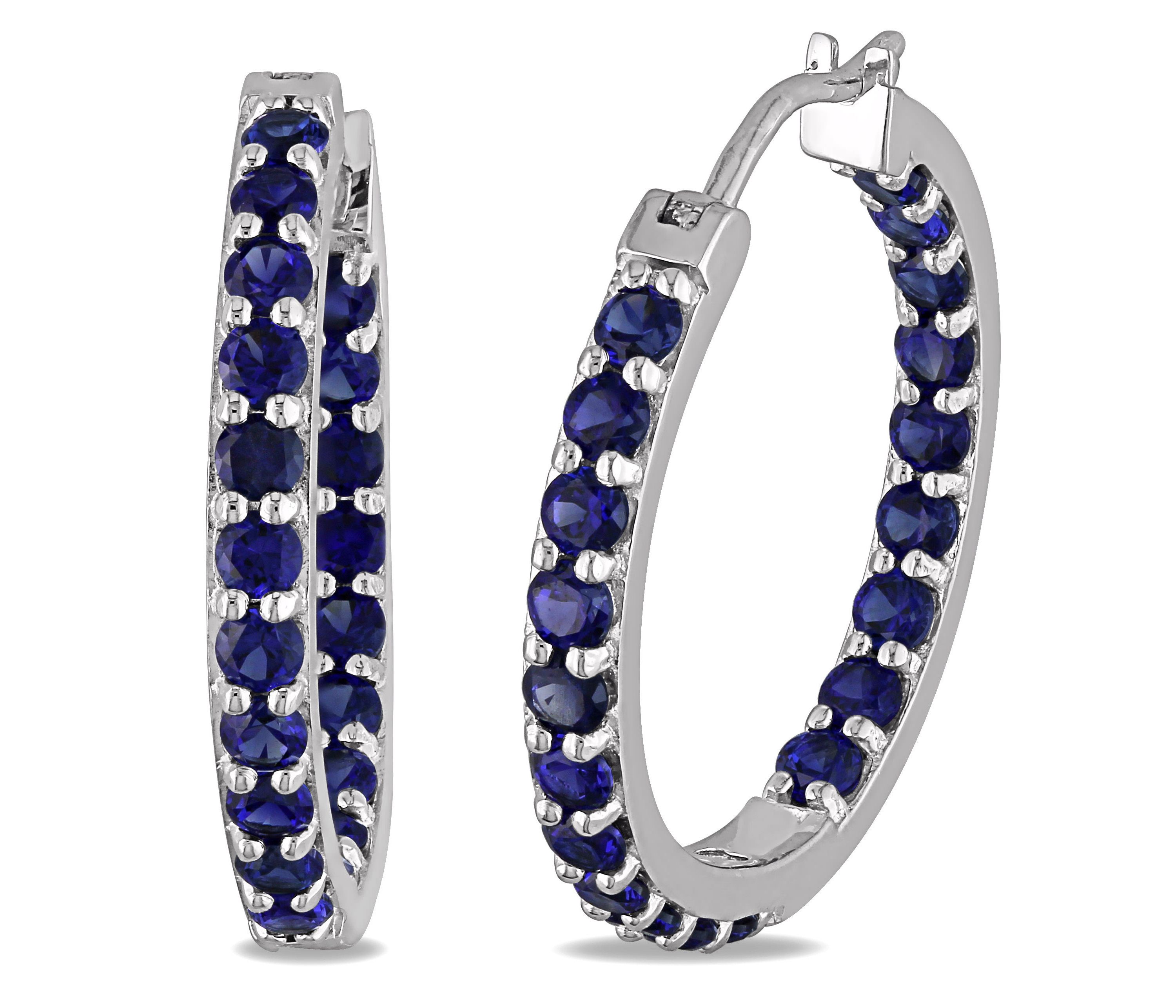 Lab Created Created Blue Sapphire Inside Outside Hoop Earrings in Sterling Silver