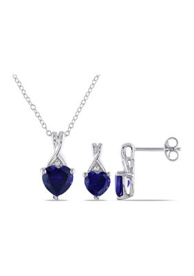 Belk & Co Lab Created 2-pc Set of 3 3/4 CT TGW Blue Sapphire and Diamond Heart Pendant with Chain and Stud Earrings in Sterling Silver, White, 18 in