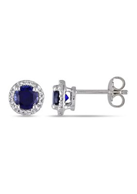 Belk & Co Lab Created 1.16 ct. t.g.w. Blue Sapphire and Diamond Accent Halo Stud Earrings in Sterling Silver