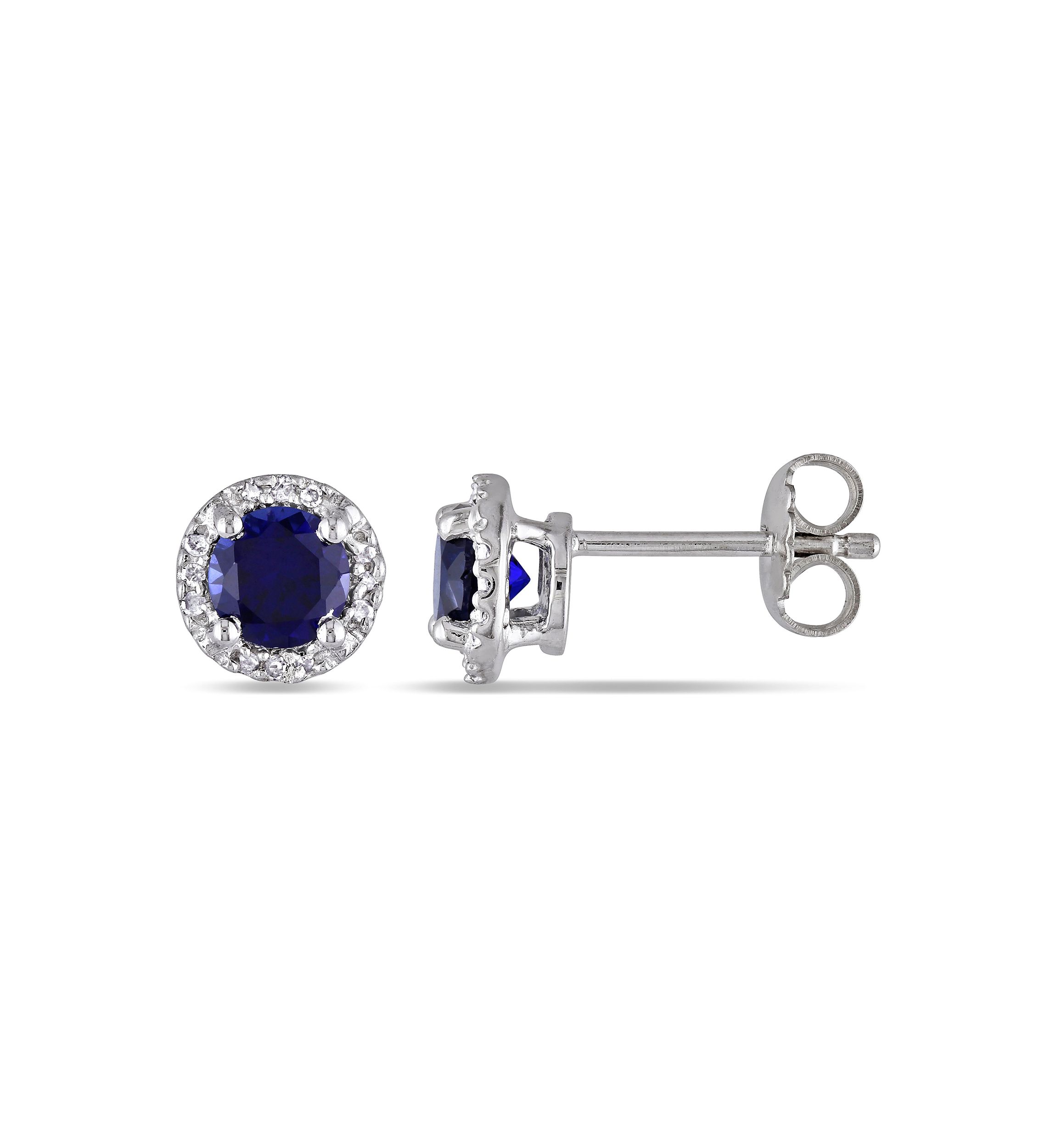 Lab Created 1.16 ct. t.g.w. Created Blue Sapphire and Diamond Accent Halo Stud Earrings in Sterling Silver