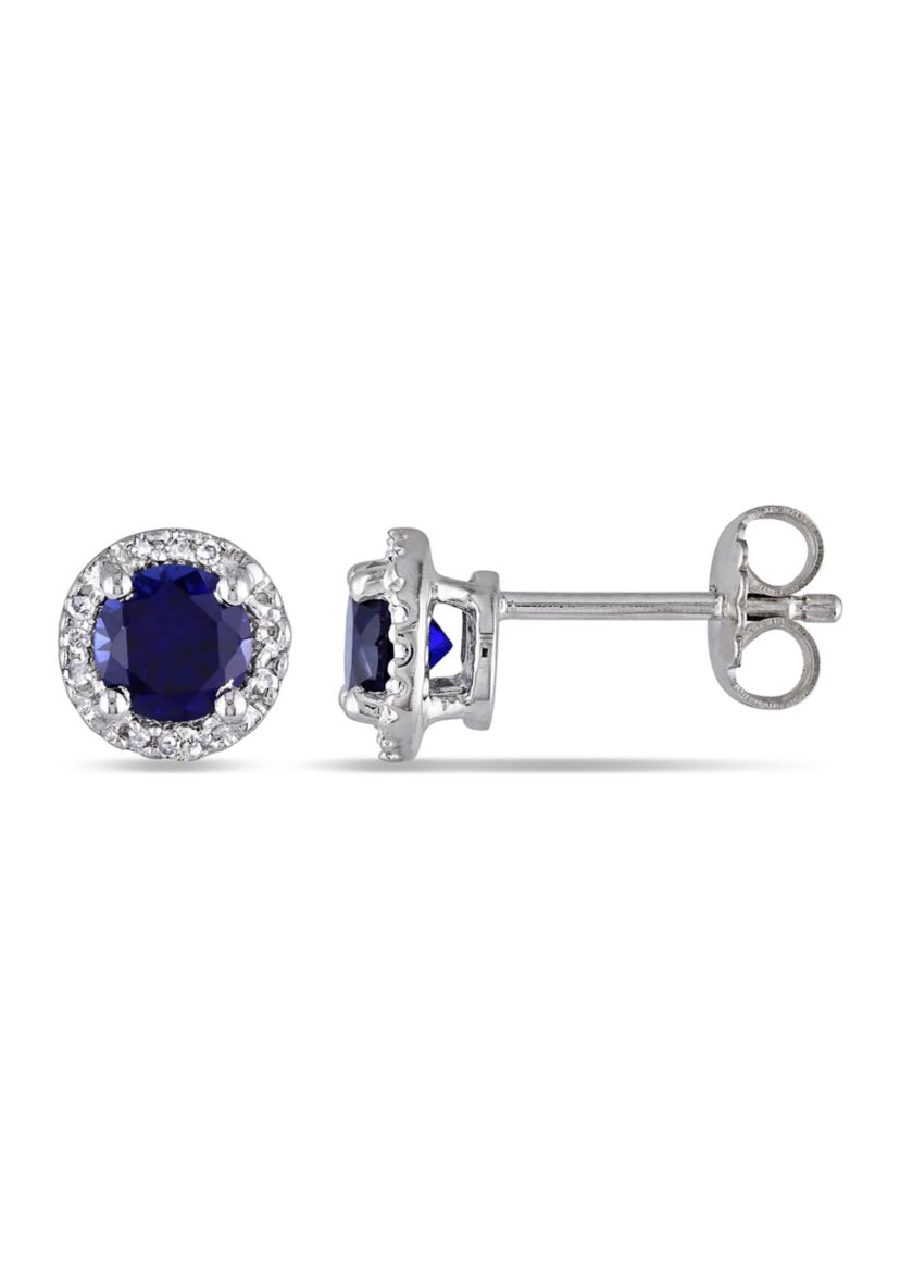 Lab Created 1.16 ct. t.g.w. Created Blue Sapphire and Diamond Accent Halo Stud Earrings in Sterling Silver