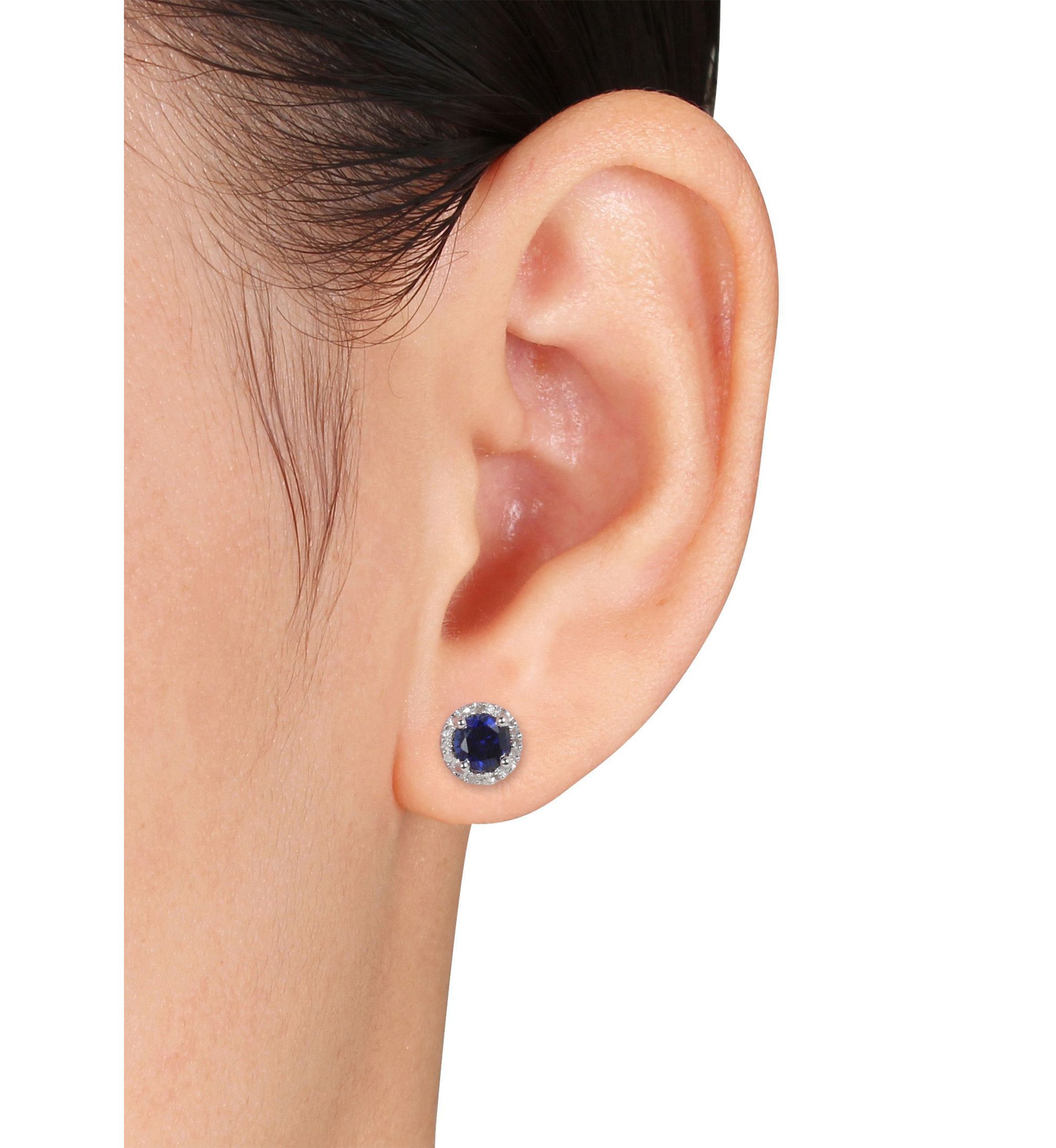 Lab Created 1.16 ct. t.g.w. Created Blue Sapphire and Diamond Accent Halo Stud Earrings in Sterling Silver