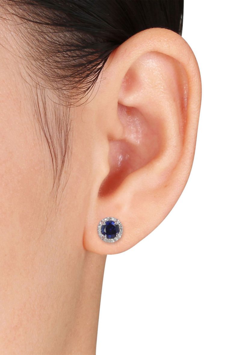 Lab Created 1.16 ct. t.g.w. Created Blue Sapphire and Diamond Accent Halo Stud Earrings in Sterling Silver