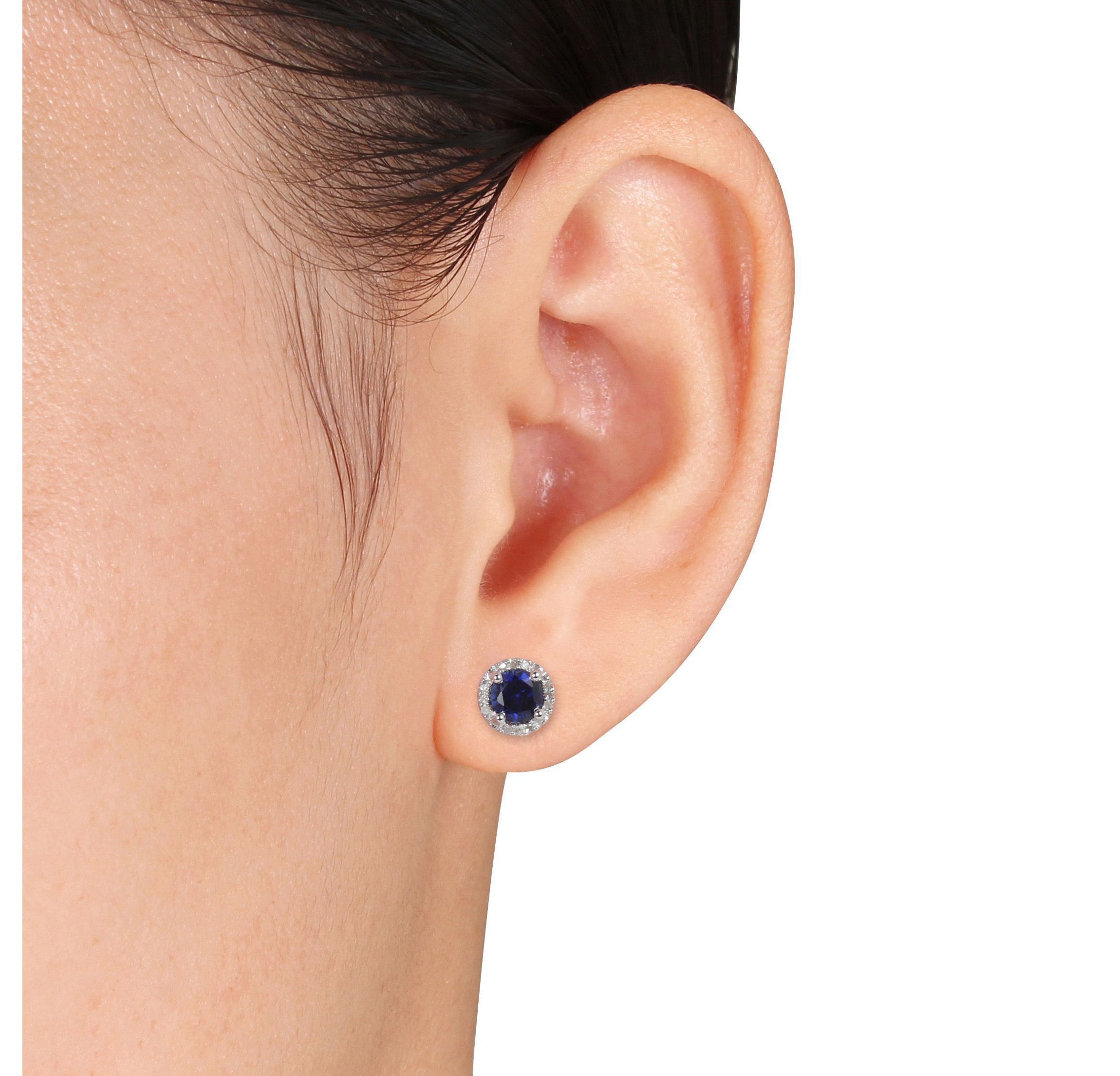 Lab Created 1.16 ct. t.g.w. Created Blue Sapphire and Diamond Accent Halo Stud Earrings in Sterling Silver