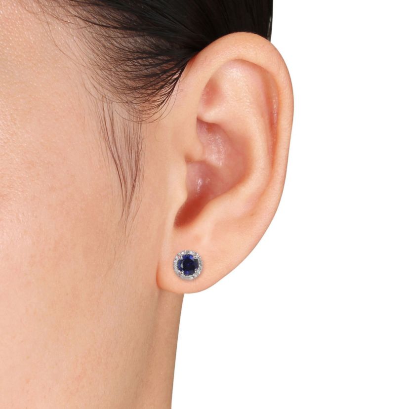 Lab Created 1.16 ct. t.g.w. Created Blue Sapphire and Diamond Accent Halo Stud Earrings in Sterling Silver