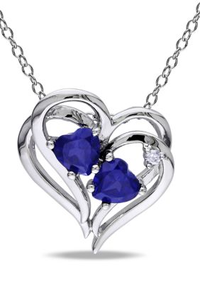 Belk & Co Lab Created Diamond and Blue Sapphire Heart Pendant with Chain in Sterling Silver