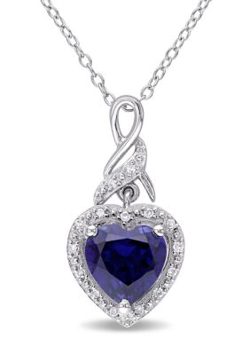 Belk & Co Lab Created Diamond and Blue Sapphire Heart Twist Pendant with Chain in Sterling Silver