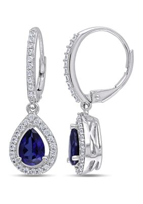 Belk & Co Lab Created Blue and White Sapphire Teardrop Leverback Earrings in Sterling Silver