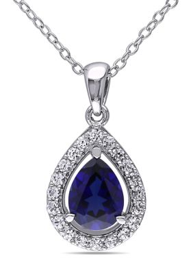 Belk & Co Lab Created Blue and White Sapphire Teardrop Halo Pendant with Chain in Sterling Silver