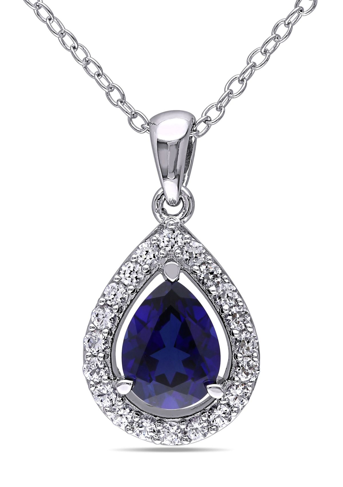 Lab Created Created Blue and Created White Sapphire Teardrop Halo Pendant with Chain in Sterling Silver