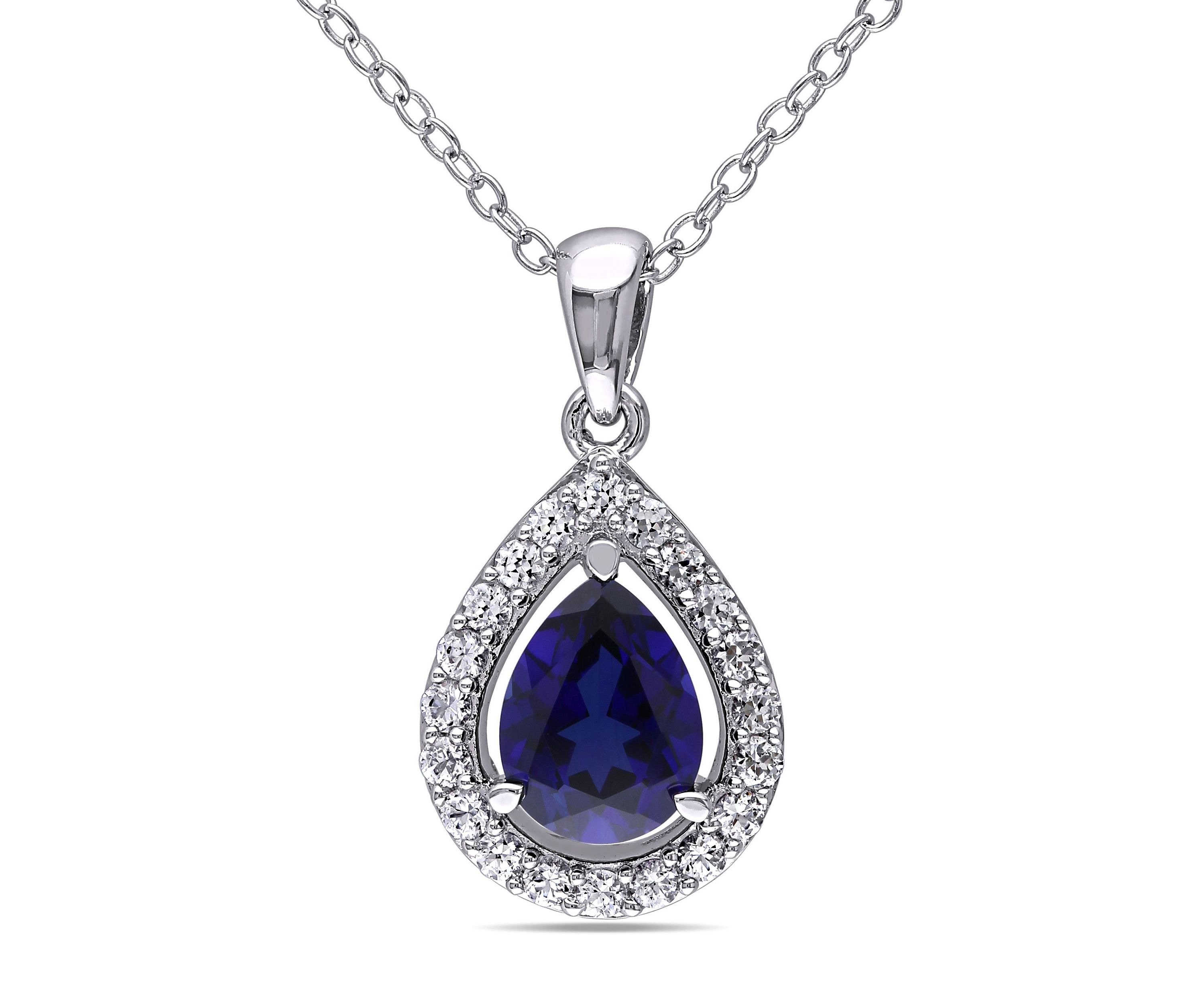 Lab Created Created Blue and Created White Sapphire Teardrop Halo Pendant with Chain in Sterling Silver
