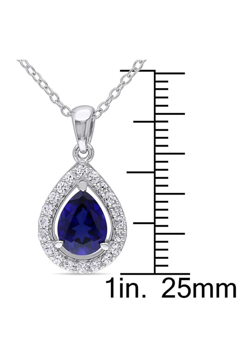 Lab Created Created Blue and Created White Sapphire Teardrop Halo Pendant with Chain in Sterling Silver
