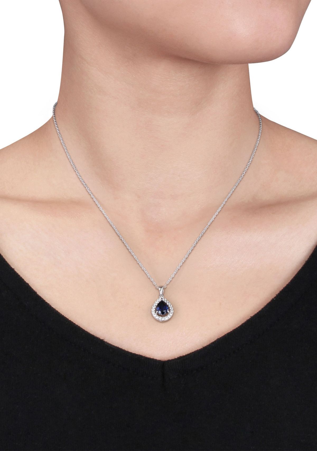 Lab Created Created Blue and Created White Sapphire Teardrop Halo Pendant with Chain in Sterling Silver