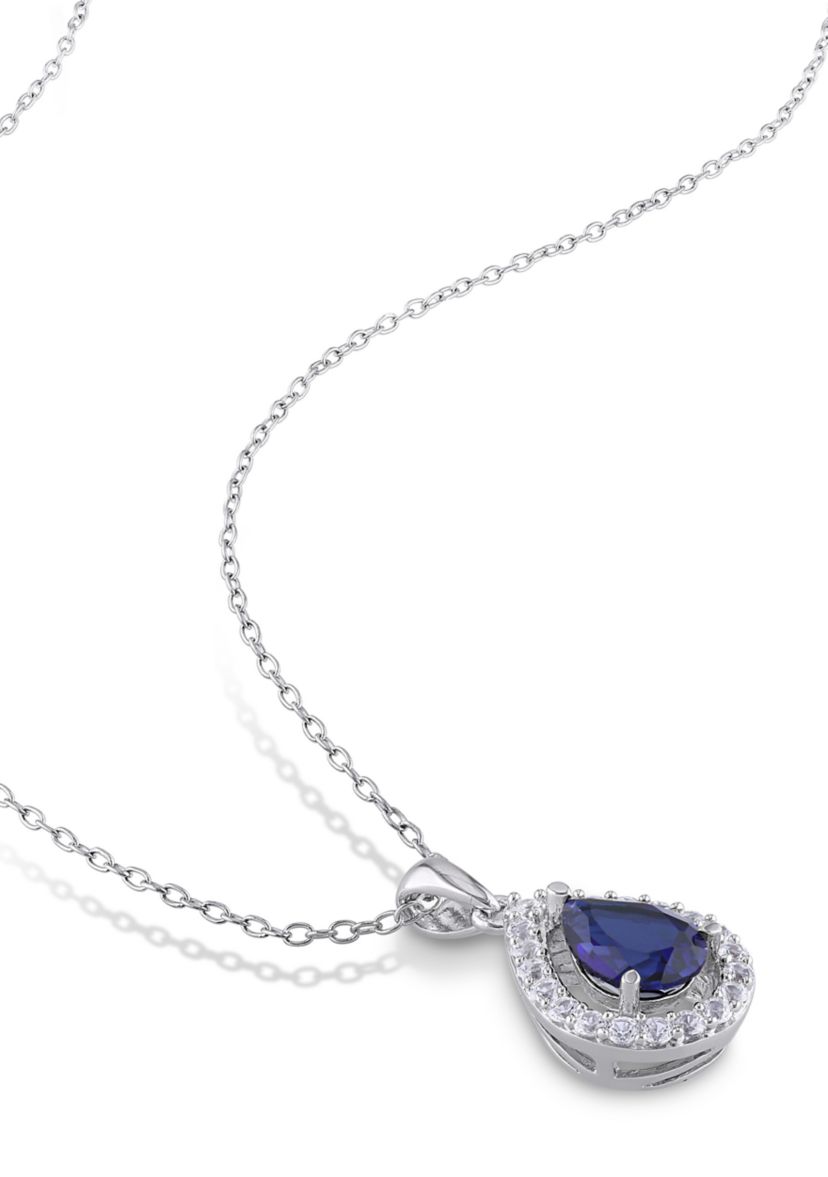 Lab Created Created Blue and Created White Sapphire Teardrop Halo Pendant with Chain in Sterling Silver