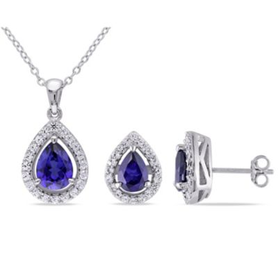 Belk & Co Lab Created Blue and White Sapphire Teardrop Halo Pendant with Chain and Stud Earrings 2-Piece Set in Sterling Silver