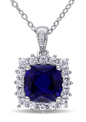Belk & Co Lab Created 3.73 ct. t.g.w. Blue and White Sapphire and Diamond Accent Halo Pendant with Chain in Sterling Silver