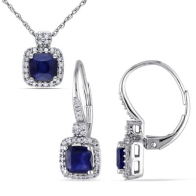 Belk & Co 2-Piece Set Of 2.15 Ct. T.g.w. Diffused Sapphire And 1/3 Ct. T.w. Diamond Earrings And Pendant With Chain In 10K White Gold