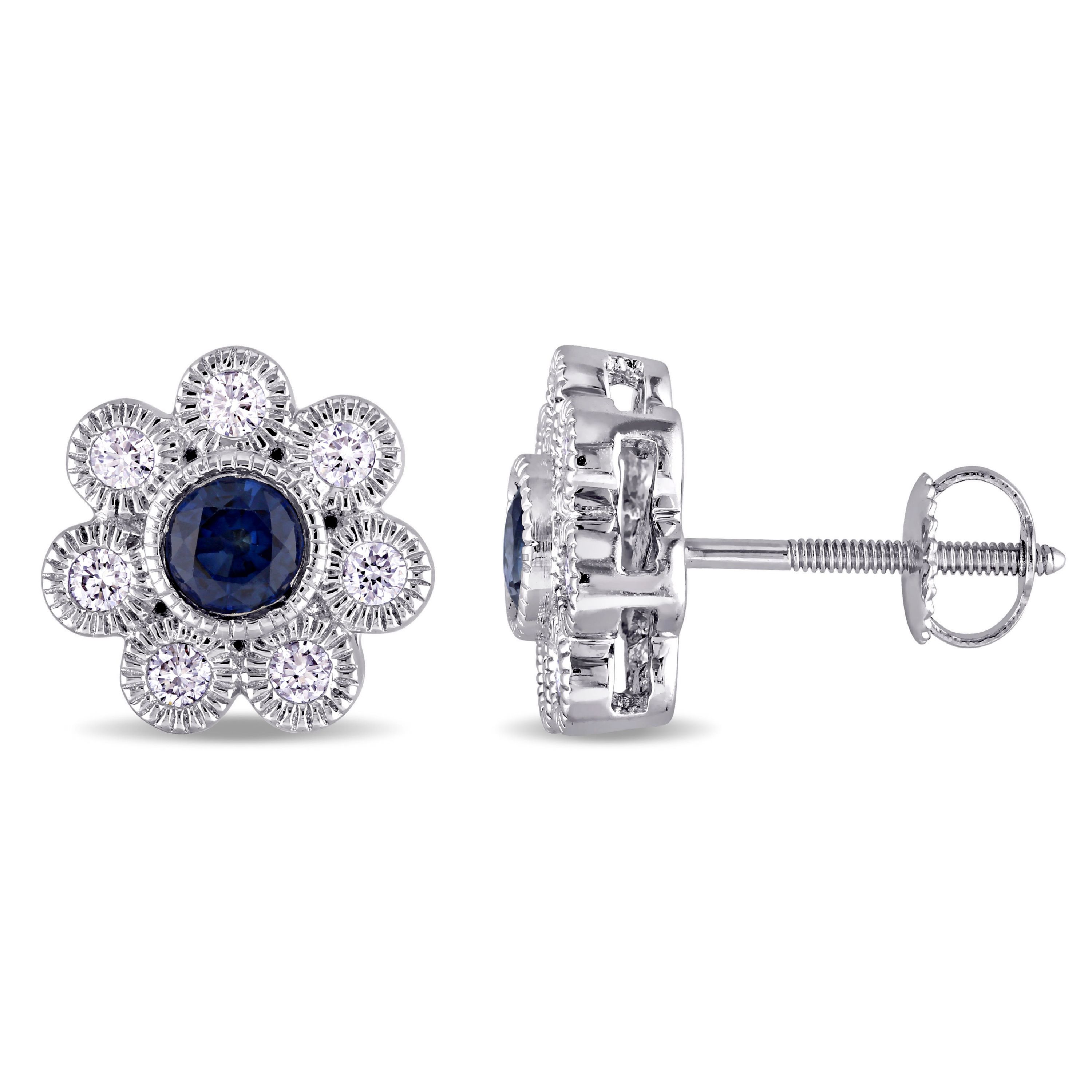 Sapphire and 4/5 ct. t.w. Diamond Flower Earrings in 14K White Gold