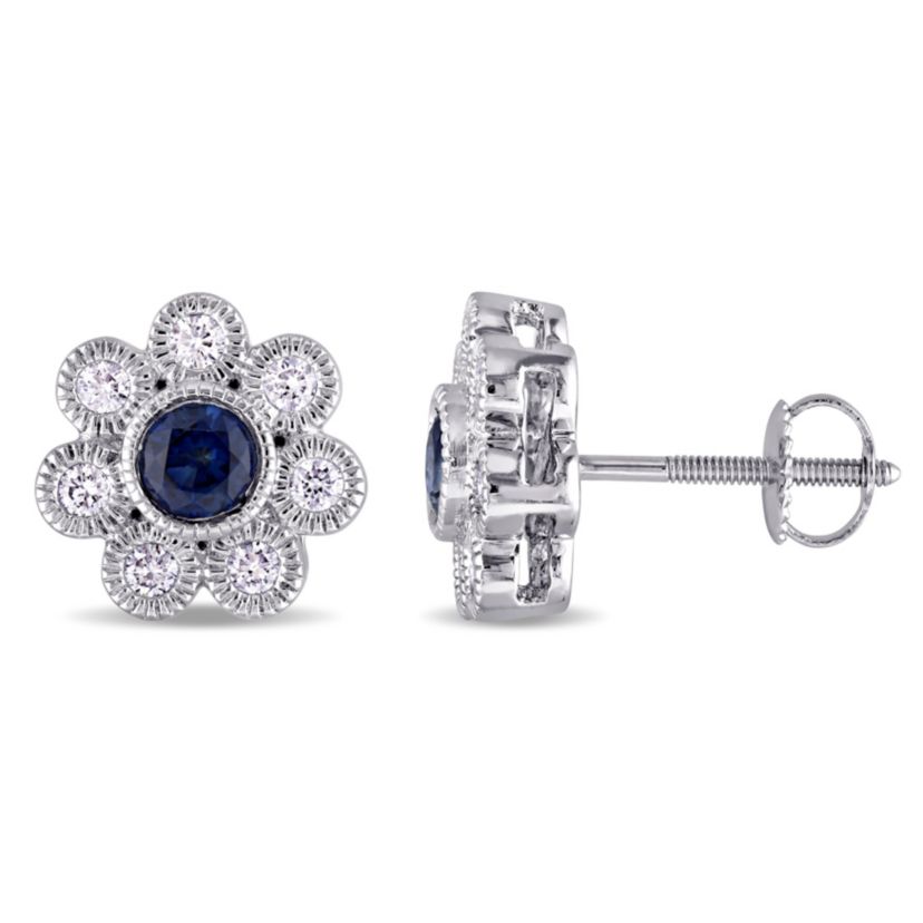 Sapphire and 4/5 ct. t.w. Diamond Flower Earrings in 14K White Gold