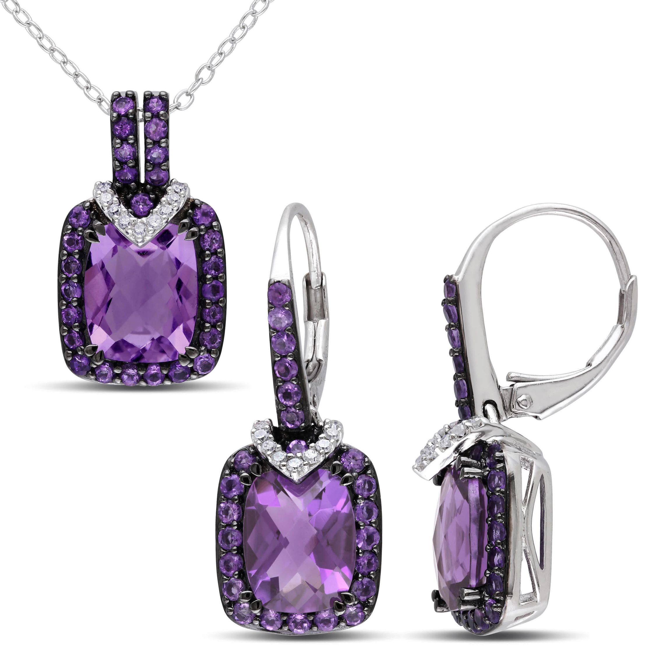 2 Piece Set of Diamond & Amethyst-Africa Leverback Earrings & Pendant with Chain in Sterling Silver, 18"