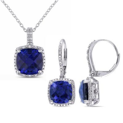 Belk & Co Lab Created 2-Piece Set of 12.20 ct. t.g.w. Blue Sapphire and 1/3 ct. t.w. Diamond Halo Earring and Pendant with Chain in Sterling Silver