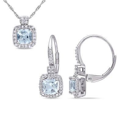 Belk & Co 2-Piece Set Of 1.55 Ct. T.g.w. Aquamarine And 1/3 Ct. T.w. Diamond Earrings And Pendant With Chain In 10K White Gold