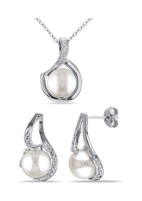 2-Pc Set of 9 - 9.5 MM Cultured Freshwater Pearl and 1/10 CT TW Diamond Twist Stud Earrings and Pendant With Chain in Sterling Silver, White