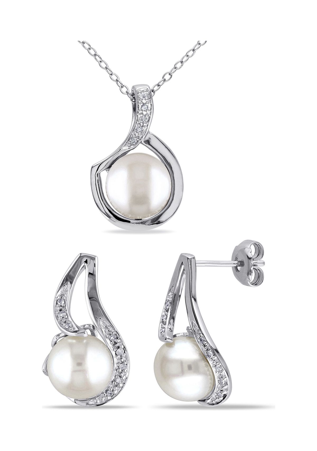 2-Pc Set of 9 - 9.5 MM Cultured Freshwater Pearl and 1/10 CT TW Diamond Twist Stud Earrings and Pendant With Chain in Sterling Silver