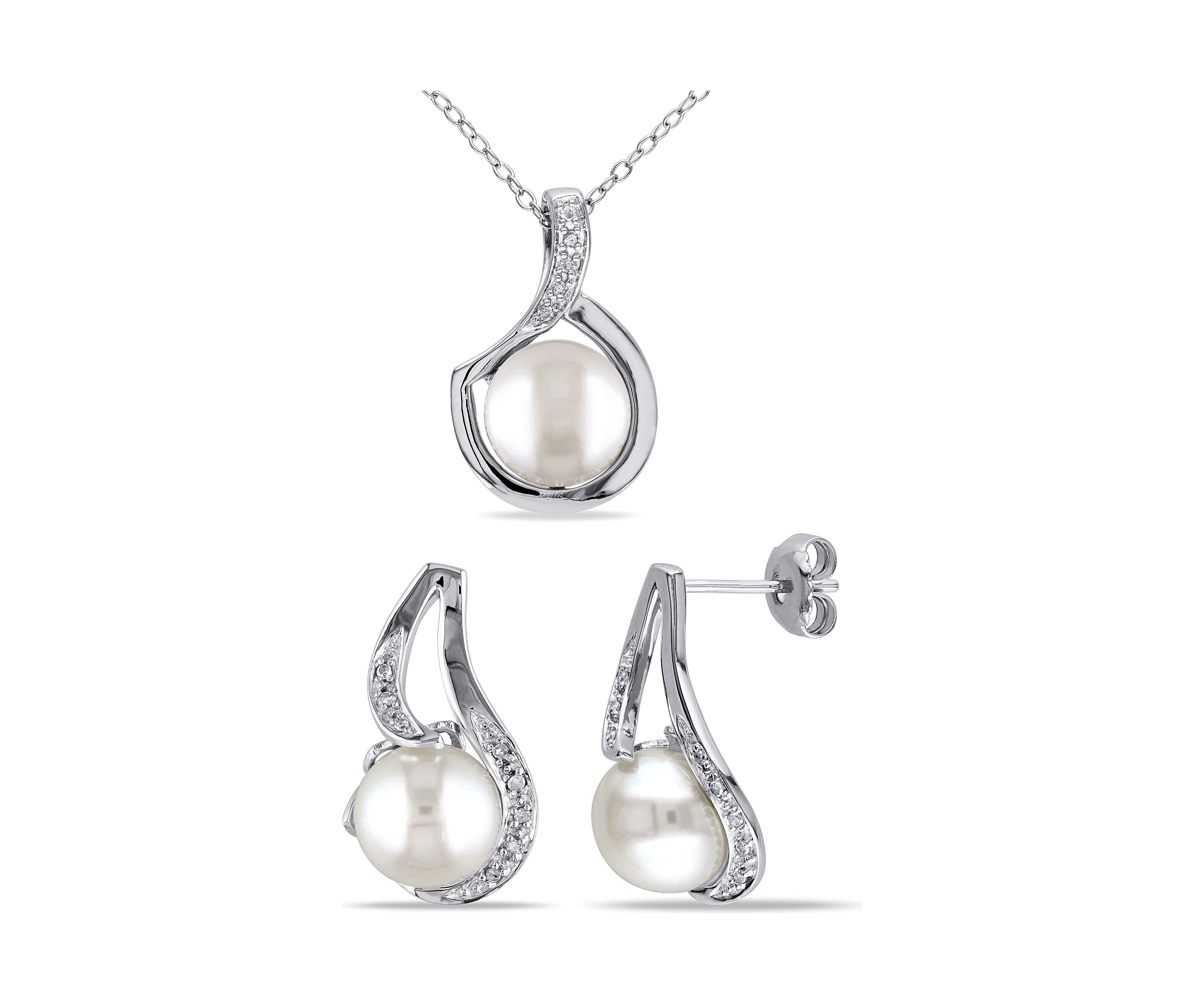 2-Pc Set of 9 - 9.5 MM Cultured Freshwater Pearl and 1/10 CT TW Diamond Twist Stud Earrings and Pendant With Chain in Sterling Silver