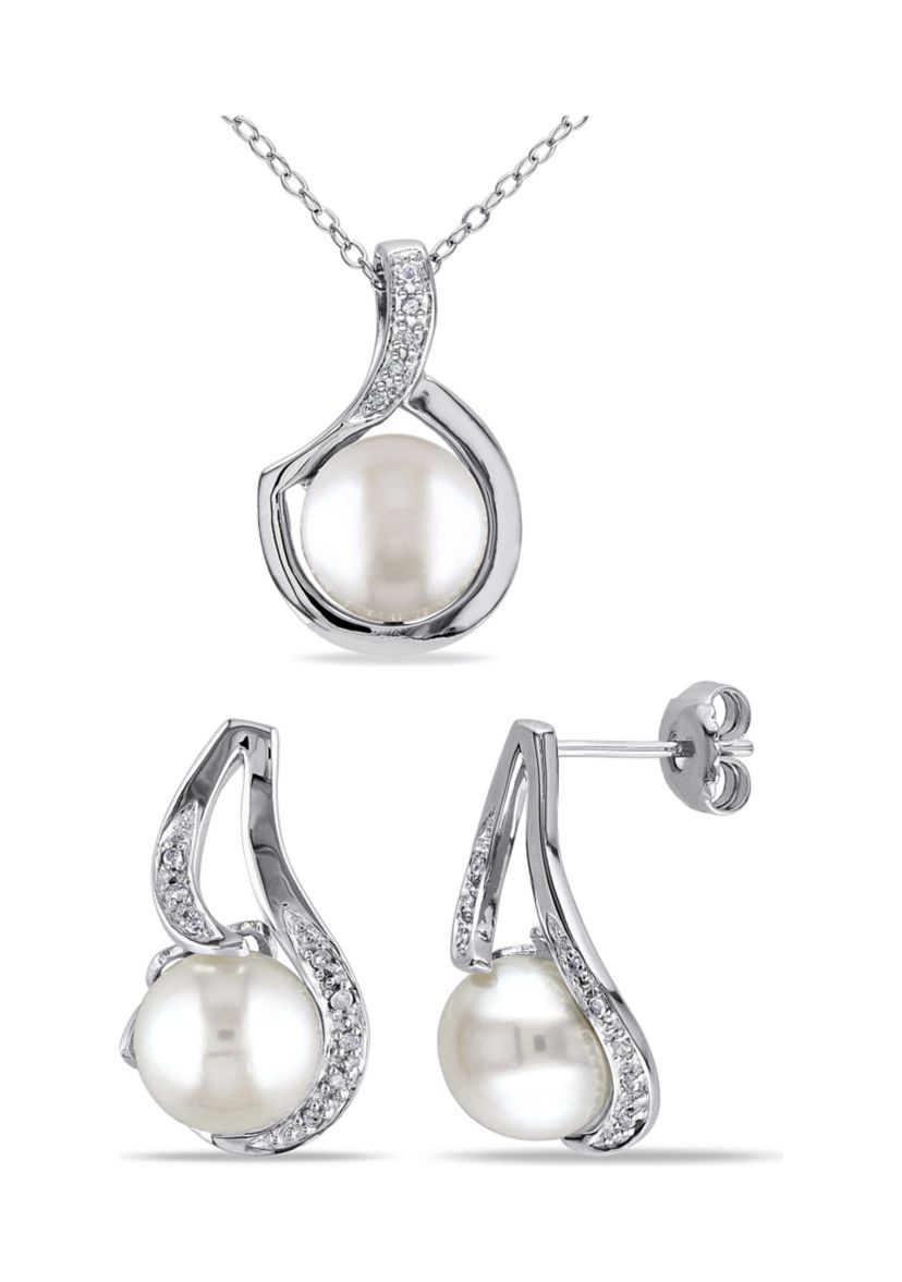 2-Pc Set of 9 - 9.5 MM Cultured Freshwater Pearl and 1/10 CT TW Diamond Twist Stud Earrings and Pendant With Chain in Sterling Silver