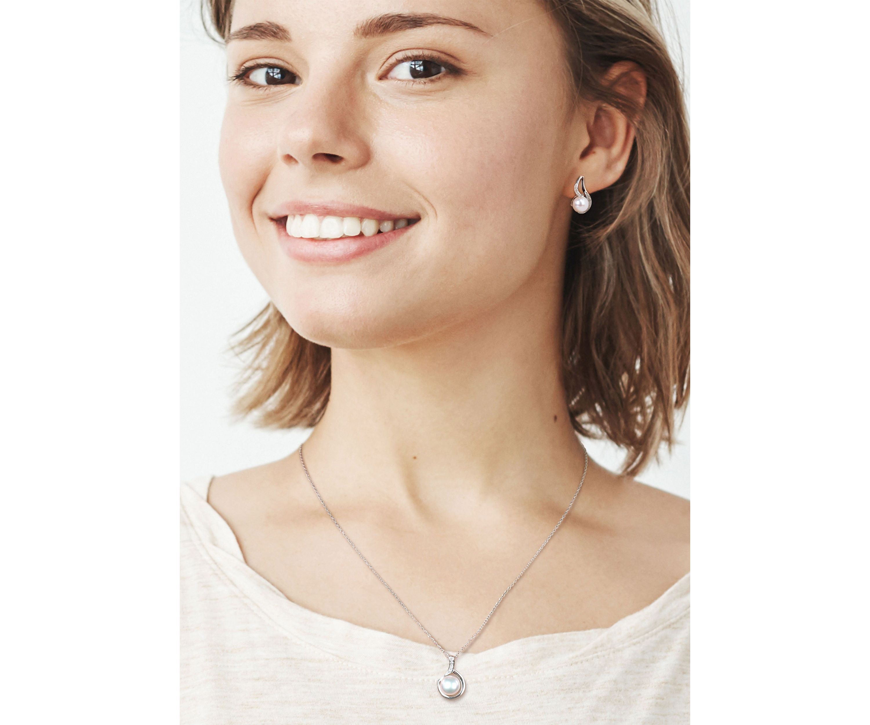 2-Pc Set of 9 - 9.5 MM Cultured Freshwater Pearl and 1/10 CT TW Diamond Twist Stud Earrings and Pendant With Chain in Sterling Silver